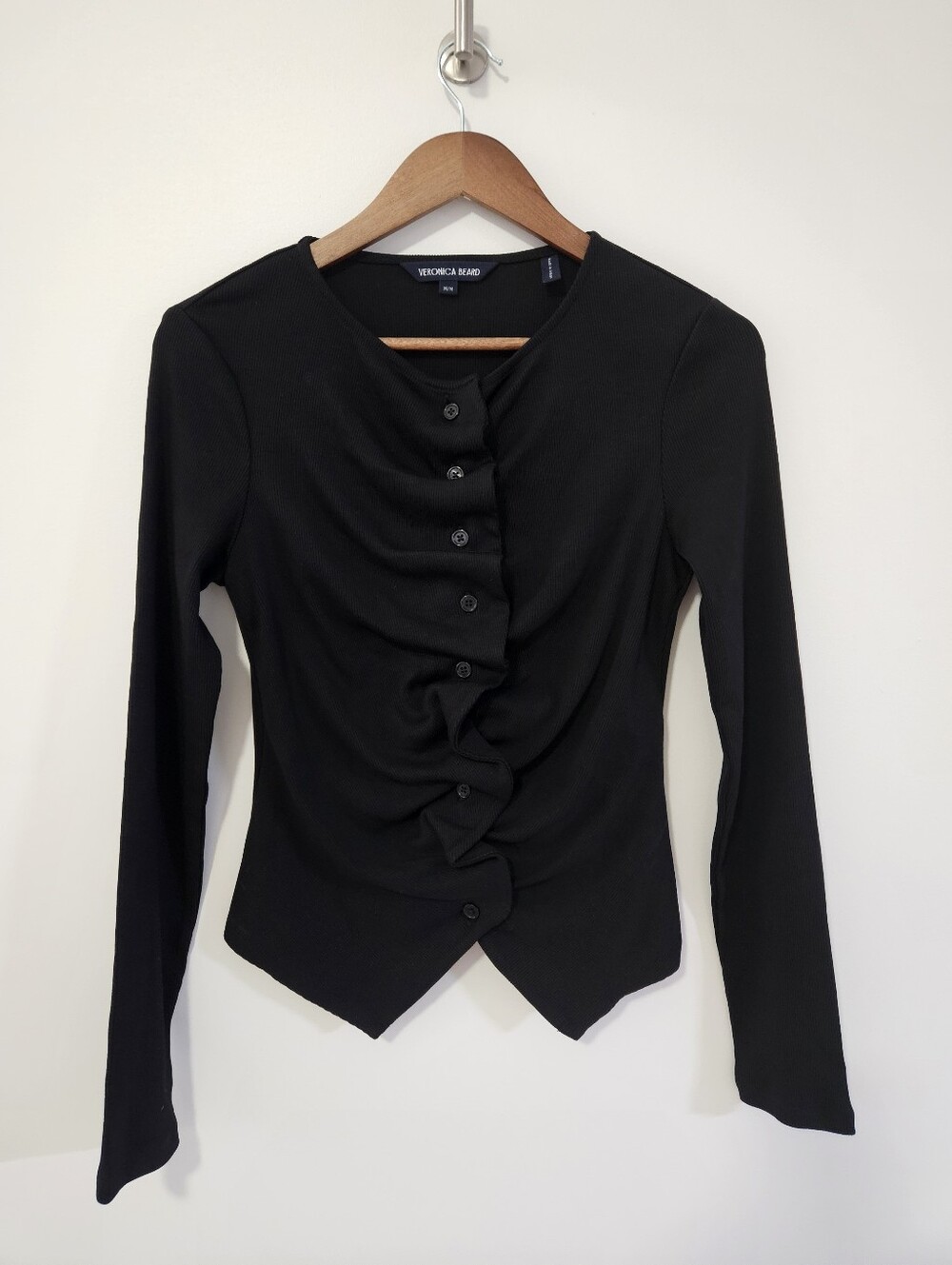 VERONICA BEARD Jasminah Ribbed Button Front Ruched Top in Black Medium - Picture 3 of 10